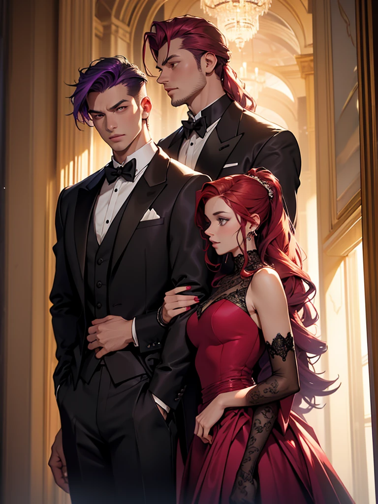 A handsome man would wear... lenceria de seda roja... it would be a bra with... lace trim and... there would be a coincidence... red silk panties. and there would have been... high heels and red lipstick. Only, purple hair, Red eyes, man wearing lingerie