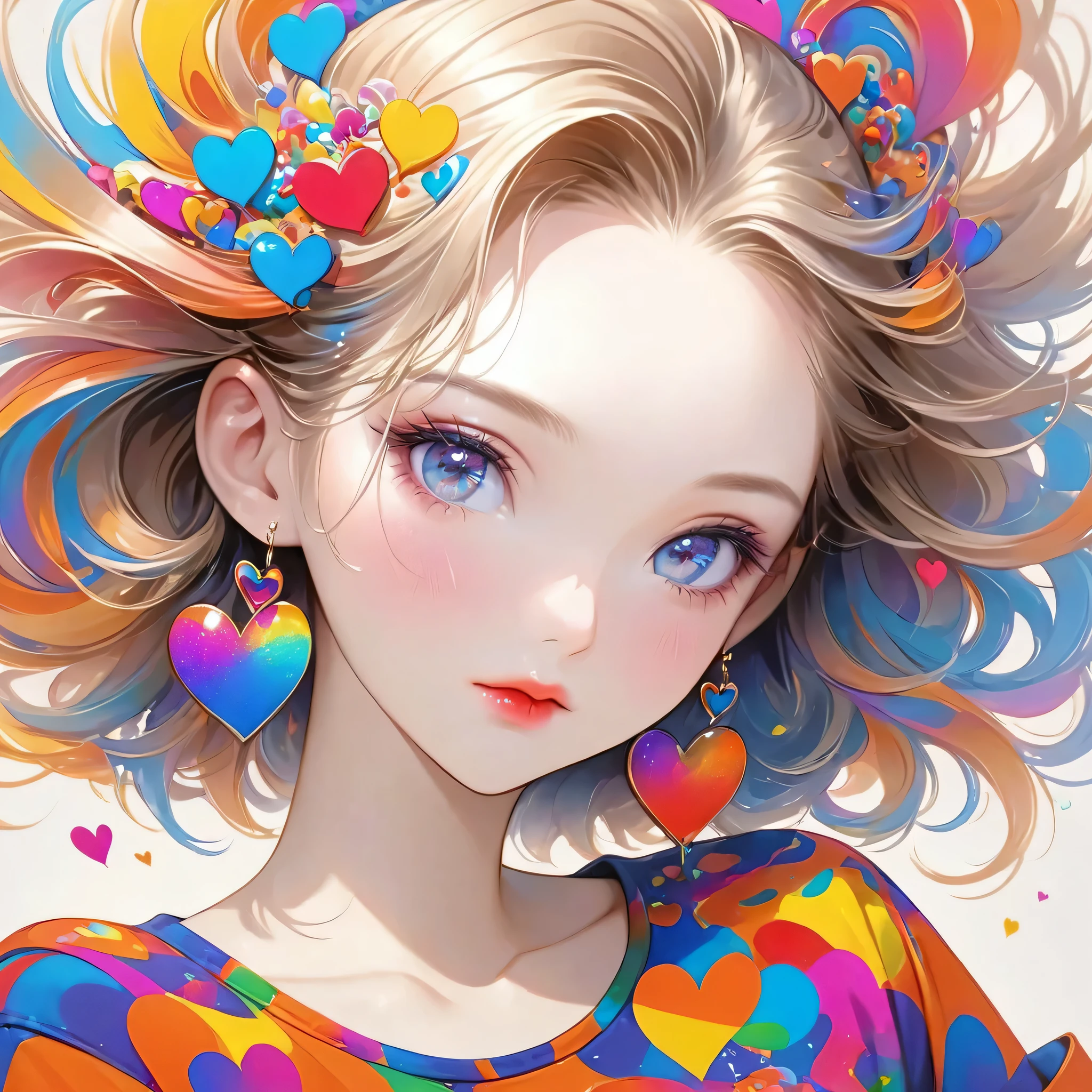 Ultra-realism Micho colorful style, Simple Line Initialism,Abstract art,(((The most beautiful girl of all time))), Sweet face. Lips in love, colorful hearts, stylish design, 夏のオシャレなTシャツ, 黒い瞳