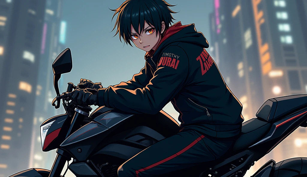 Anime guy wearing a black jacket with imprint written saying "TIMOTHY SAKURAI" (character is sitting on a motorcycle)
