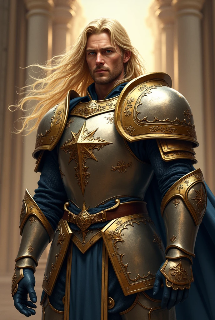 Aasimar, paladin, noble son, duke descendant, military general, half angel, flowing blonde hair, male