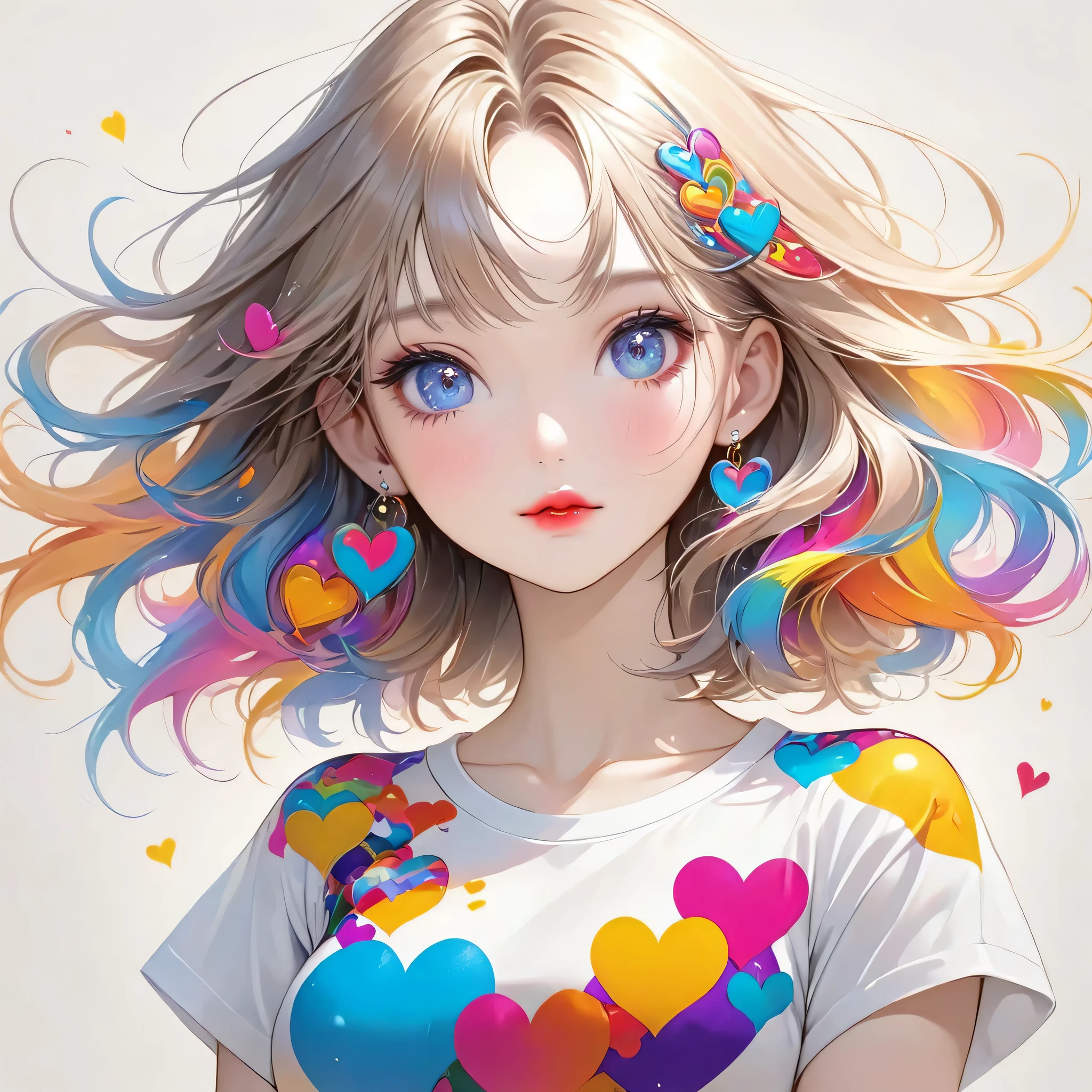 Ultra-realism Micho colorful style, Simple Line Initialism,Abstract art,(((The most beautiful girl of all time))), Sweet face. Lips in love, colorful hearts, stylish design, 夏のオシャレなTシャツ, 黒い瞳