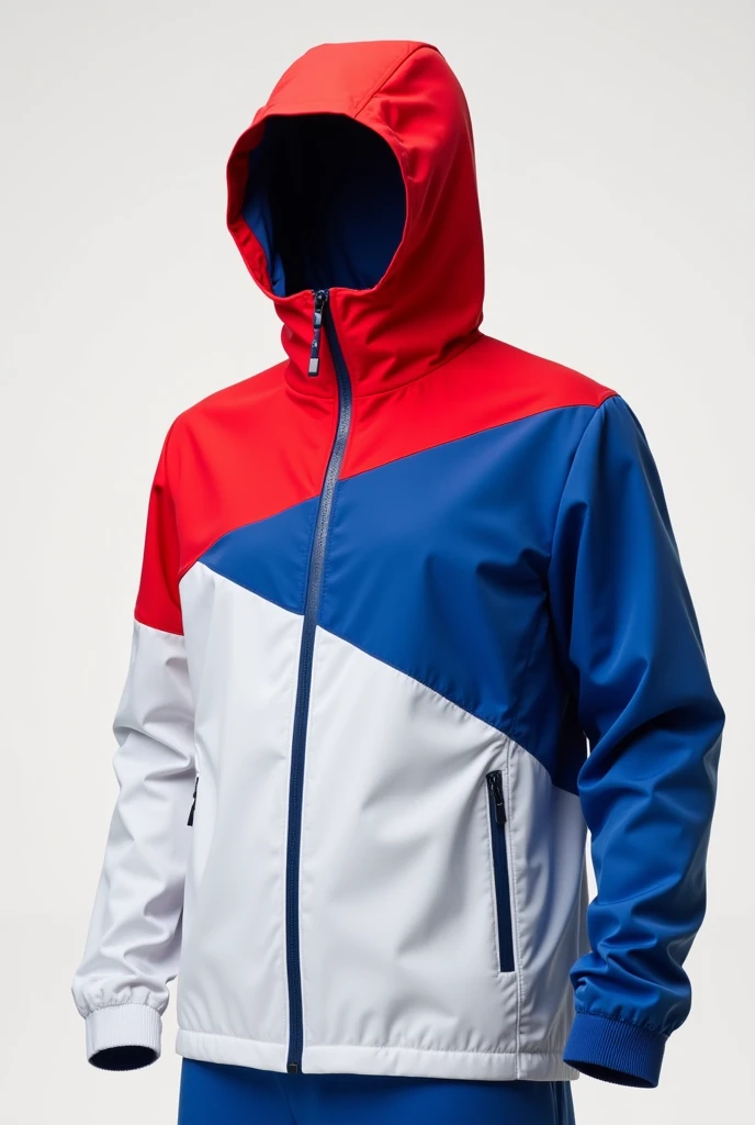 A sport windbreaker on the right upper chest all the way to the arm and hand it should be red the mirror line should be a zip making the left upper chest all the way to the left arm and hand blue...then from the breast up until to the hip passing by the belly should be white..and lastly the hood being slipt red on right and blue on left