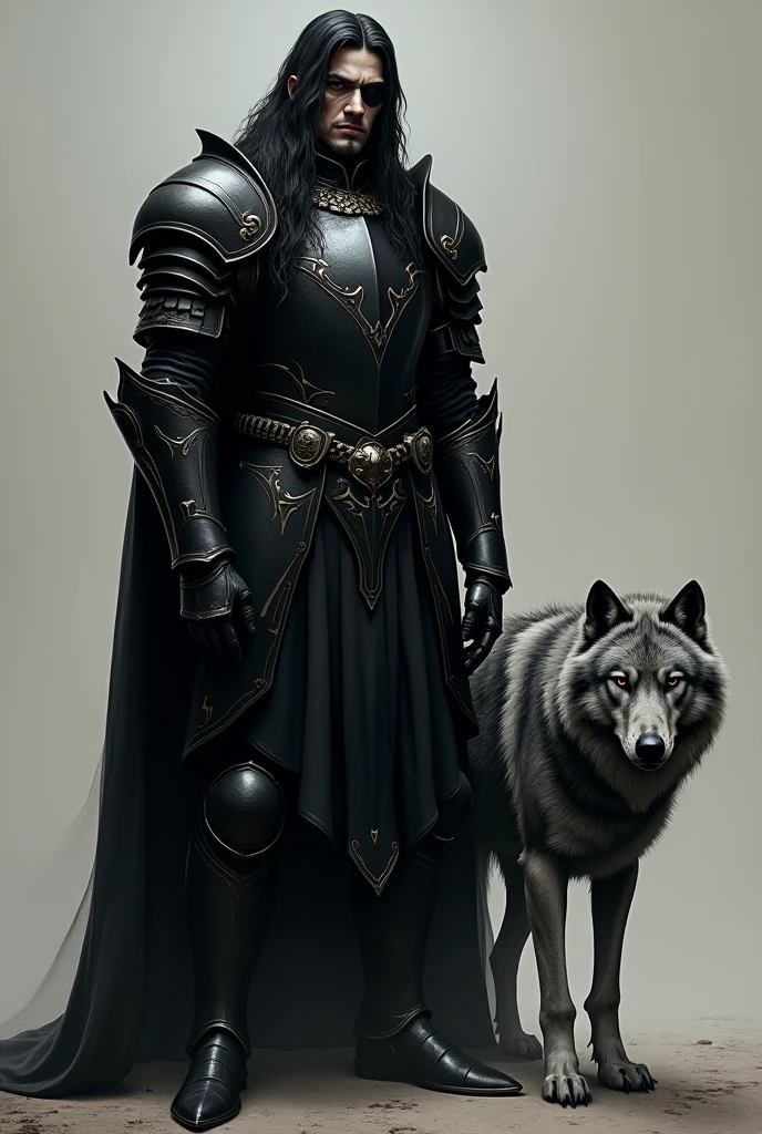 A knight with all black armor, long black hair, an eyepatch, a scar, and a grey wolf by his side.