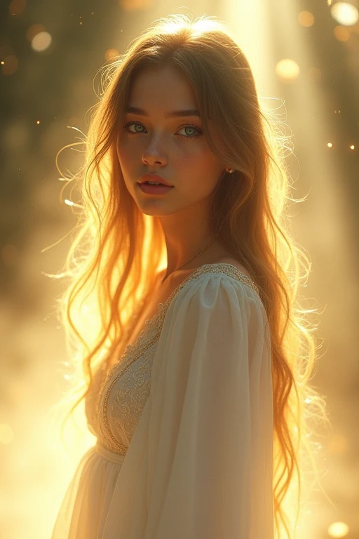 Girl with a mix of light brown and dark blonde long hair, with azure blue eyes, with round nose, with finely drawn lips and with an oval-shaped face and and with a long white beautiful dress, and long sleeves like an apparition from the yellow light