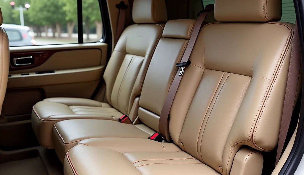 Genere plusieurs images avec différents anglais de vision (en PIP) de differents vue Interiure lincoln navigator 2004 avec sieges beiges et détails de double coutures gros fils et rouge bordeaux.