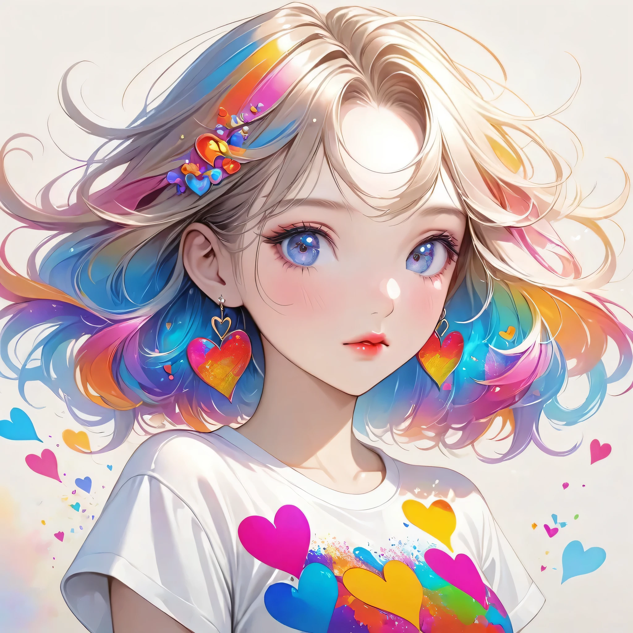 Ultra-realism Micho colorful style, Simple Line Initialism，Abstract art，(((The most beautiful girl of all time))), Sweet face. Lips in love, colorful hearts, stylish design, 夏のオシャレなTシャツ, 黒い瞳