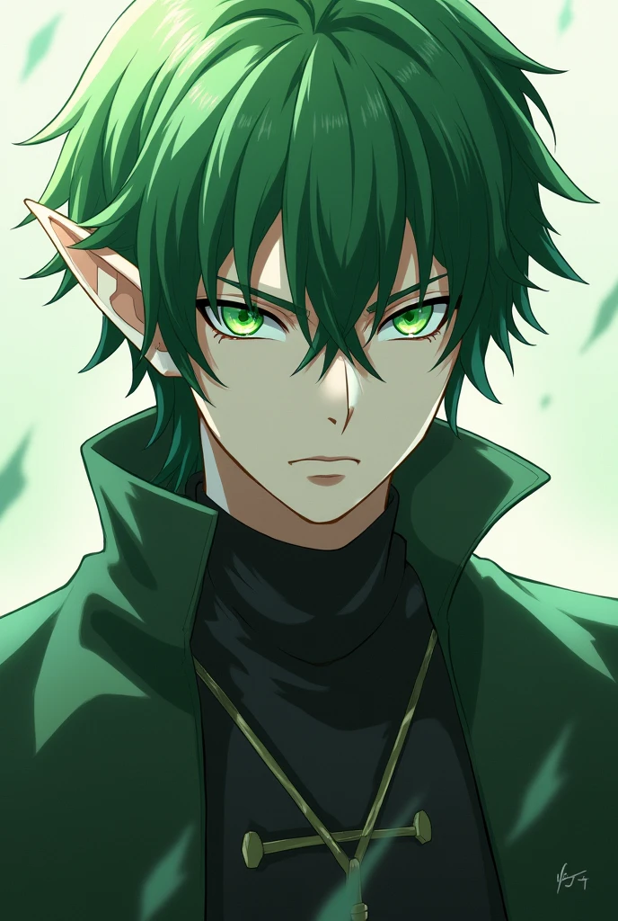 I want an image of a male character inspired by the antagonist Accelerator from the anime Toaru Majutsu no Index, with white skin, elf ears, green eyes and green hair to the neck.