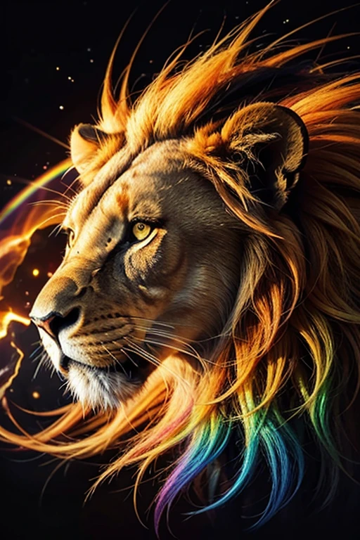 Lion, the head of a lion in a multi-colored exploding rainbow flame. Abstract multicolored profile portrait of a lion head on a black background