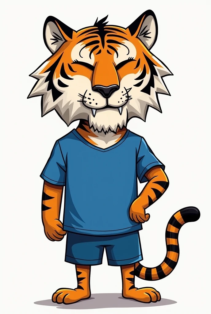 Animated cartoon drawing of a saber-toothed tiger in a Futsal uniform. The drawing has to be not perfect as it is done by hand and the race has a very simple head without much detail. The body and head should be simpler and the uniform should be blue so that it is a little more aggressive. The tiger should look like that to someone who does not know how to draw. I do not want perfect strokes or detail.