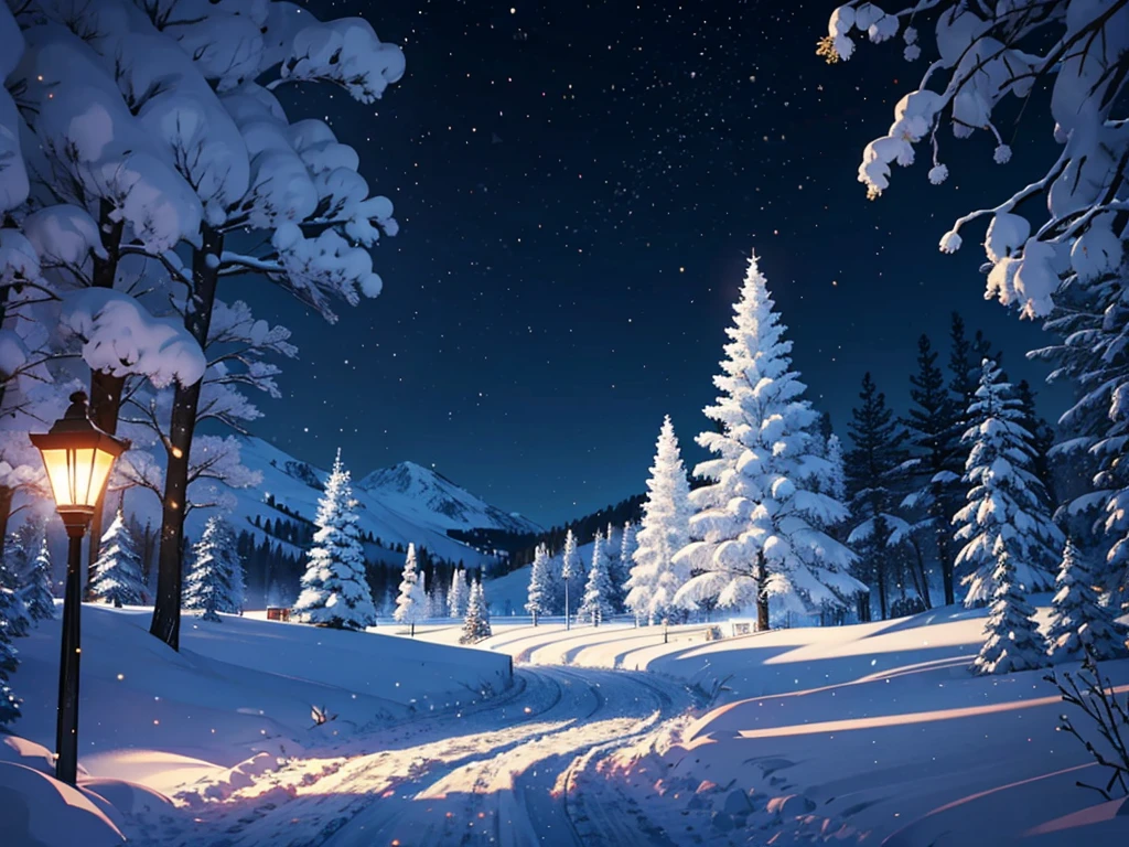 draw a winter game landscape, snow, Christmas vibes, beautiful lights, snow theme game snow landscape