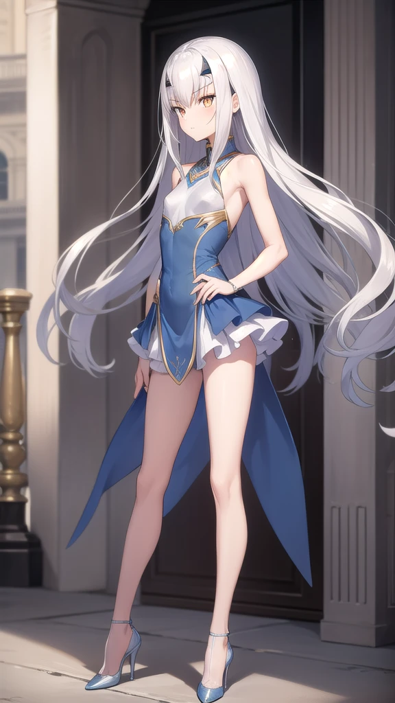 Silver long hair, golden eyes, flat chest,Blue and white sleeveless dress,Thin legs,black stockings,high heels,Standing,medieval european city