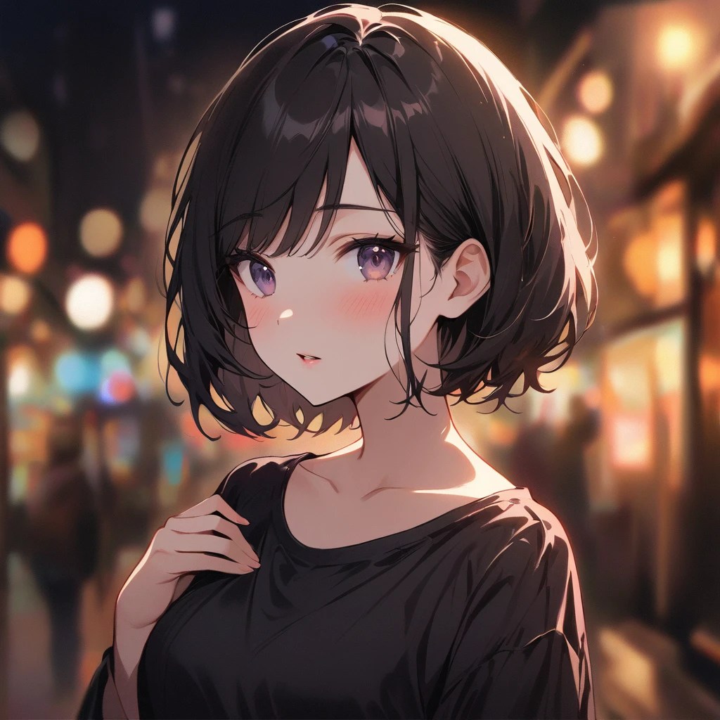 1girl, solo, looking at viewer, blush, short hair, bangs, shirt, black hair, collarbone, upper body, parted lips, hand up, blurry, black eyes, black shirt, night, depth of field, blurry background, letterboxed, hand on own chest, bokeh 1 2:3