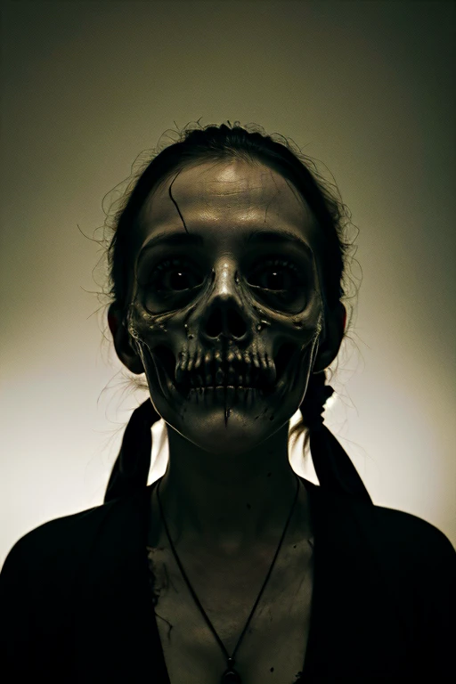 (best quality,4k,8k,highres,masterpiece:1.2), ultra-detailed, (realistic,photorealistic,photo-realistic:1.37), nurse with face covered in bandages and blood, holding a human skull in hand, medical professional, dark and dramatic lighting, intense gaze, gloomy atmosphere, detailed facial features, long eyelashes, blood stains on the bandages, serene but eerie expression, vintage sepia tone, horror genre