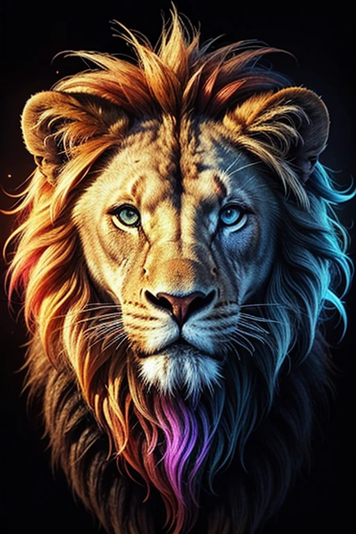 Lion, the head of a lion in a multi-colored exploding rainbow flame. Abstract multicolored profile portrait of a lion head on a black background

