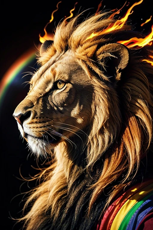 Lion, the head of a lion in a multi-colored exploding rainbow flame. Abstract multicolored profile portrait of a lion head on a black background

