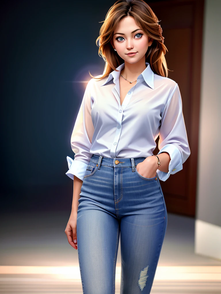 Realistic photo of a beautiful woman k4t3h-v2,  1 girl, Alone, by the wide, looking at the viewer, smile, blue eyes, fitted jeans, (((by rubio))), shirt, Lips, white shirt, animal footprint, realist, fashion, inside, Soft lighting, Professional photography, Photorealist, detailed, raw, analogous thing, sharp focus, 8k, High Definition, DSLR, high quality, masterpiece