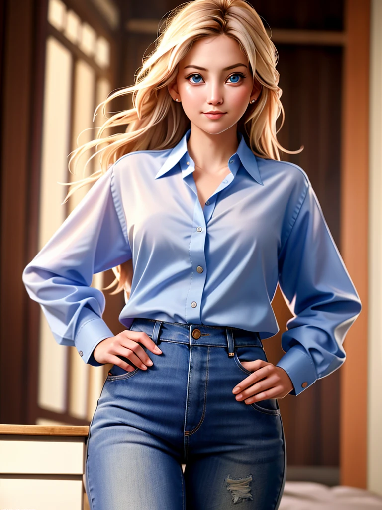 Realistic photo of a beautiful woman k4t3h-v2, 1 girl, Alone, by the wide, looking at the viewer, smile, blue eyes, fitted jeans, (((by rubio))), shirt, Lips, white shirt, animal footprint, realist, fashion, inside, Soft lighting, Professional photography, Photorealist, detailed, raw, analogous thing, sharp focus, 8k, High Definition, DSLR, high quality, masterpiece