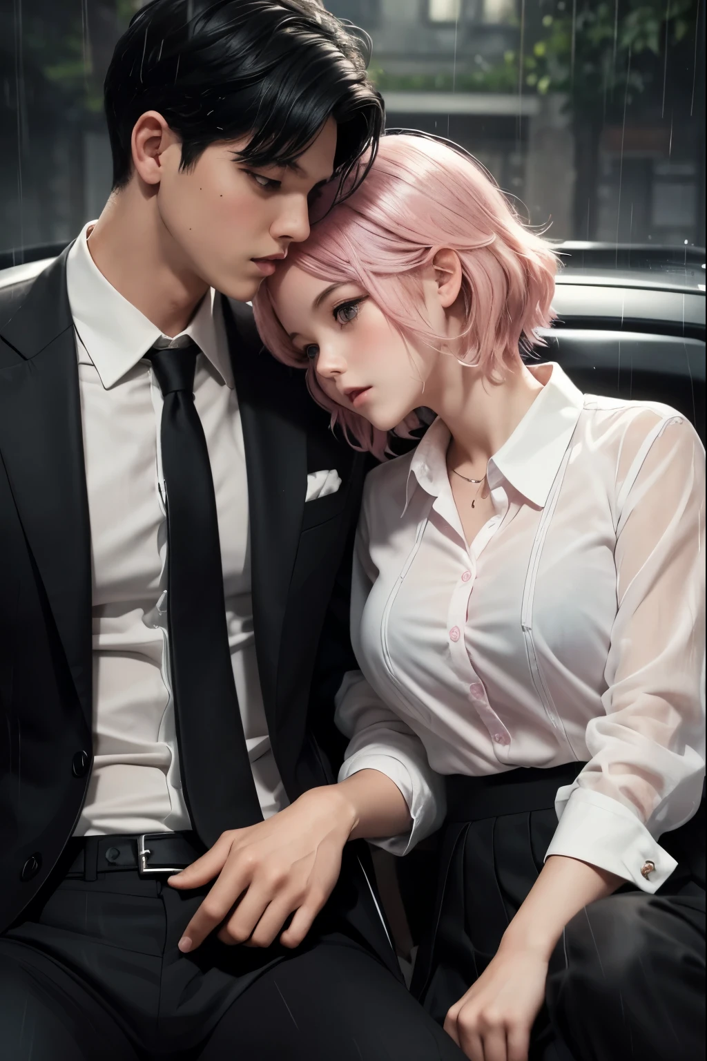 Masterpiece, best quality, super detailed, illustration, beautiful detailed eyes, close up, with a boy and a girl. It was pink hair, white pleated shirt, cracked button on the chest, skirt. The boy is black hair, black suit, black pants. Boys and girls kissing in car, heavy rain weather