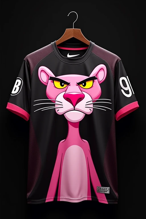 Make a football shirt with a full-color, very detailed pink panther television cartoon, with a serious face and a little angry with a black background, Nike symbol on the left side, with pink details, hanging on a hanger, the details on the shirt are with pink and black details and on the right side it says 9B