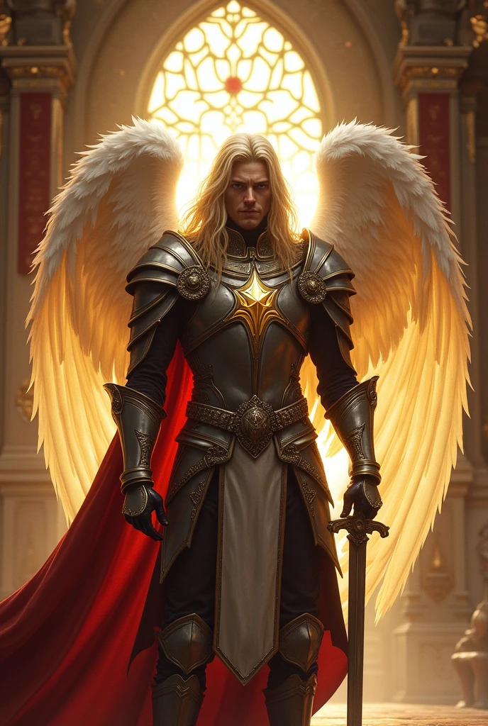 Aasimar, paladin, noble son, duke descendant, military general, half angel, flowing blonde hair, male, half angel with folded wings
