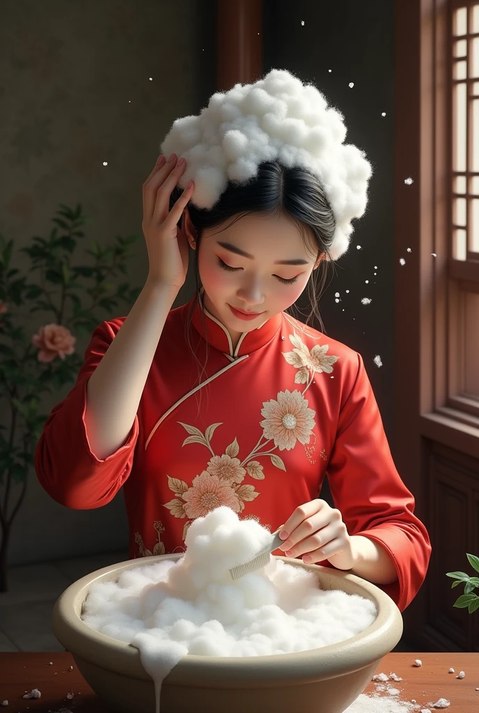Create an Asian beauty,Red printed traditional cheongsam,Now on the ground,Scratching the scalp with both hands,Two hands washing hair on top of head,There is a lot of foam on the head,Foam wrap head,Realistic foam,The expression is happy,Real People,The characters are realistic and realistic,Ancient style room background,9:16 frames,Ultra HD painting