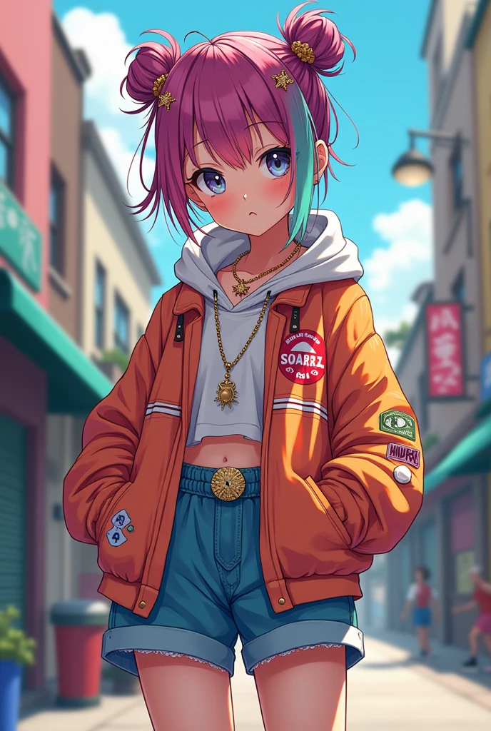 cute anime character girl, great style, baggy hip-hop fashion
