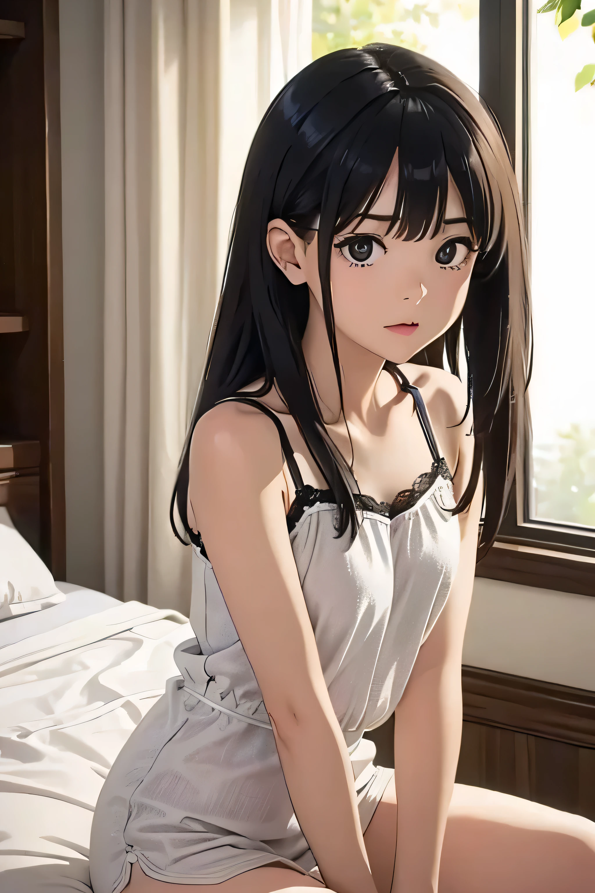 ((Highest quality)), ((2D)), (Small eyes), Perfect Face,Primary school students,Beautiful Face,Slit eyes,Narrow eyes,bed,Small breasts,Thin arms,Skinny,,Black Hair,Lace camisole