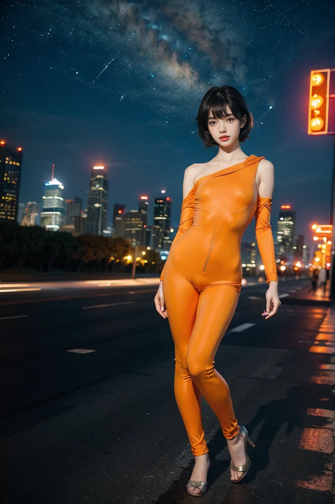 (((best quality))),(((ultra detailed))),(((masterpiece))),illustration,((1girl,Rui Kisugi,solo)),((slim,thin)),((small breasts,flat chest)),(tomboy wavy short hair:1.2),(bangs:1.3),(( shoulder,shoulder off)),(orange full-body tight-fitting catsuit:1.5),(a red ribbon is tied around the waist:1.3),(standing:1.3),(On the roof of skyscraper:1.3),(city view:1.2),(outdoor:1.2),(night scene:1.3),elegant,confident,athletic,curves,(slender legs:1.2),waist,concrete,glass,buildings,starry sky,natural beauty,captivating,thought-provoking,((from front,full body))