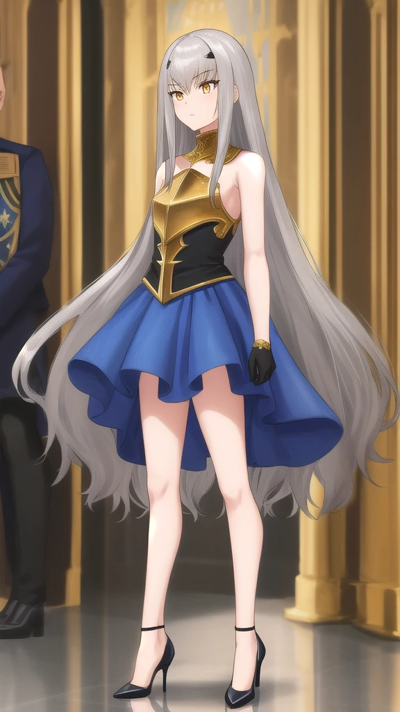 Silver long hair, golden eyes, flat chest,Blue and white sleeveless dress,Thin legs,black stockings,high heels,Standing,medieval european city