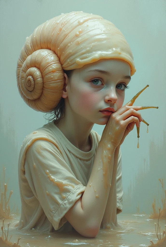 Girl's head, snail's body, in mucus, Close-up, pastel dark shades, interesting uncluttered composition, oil painting