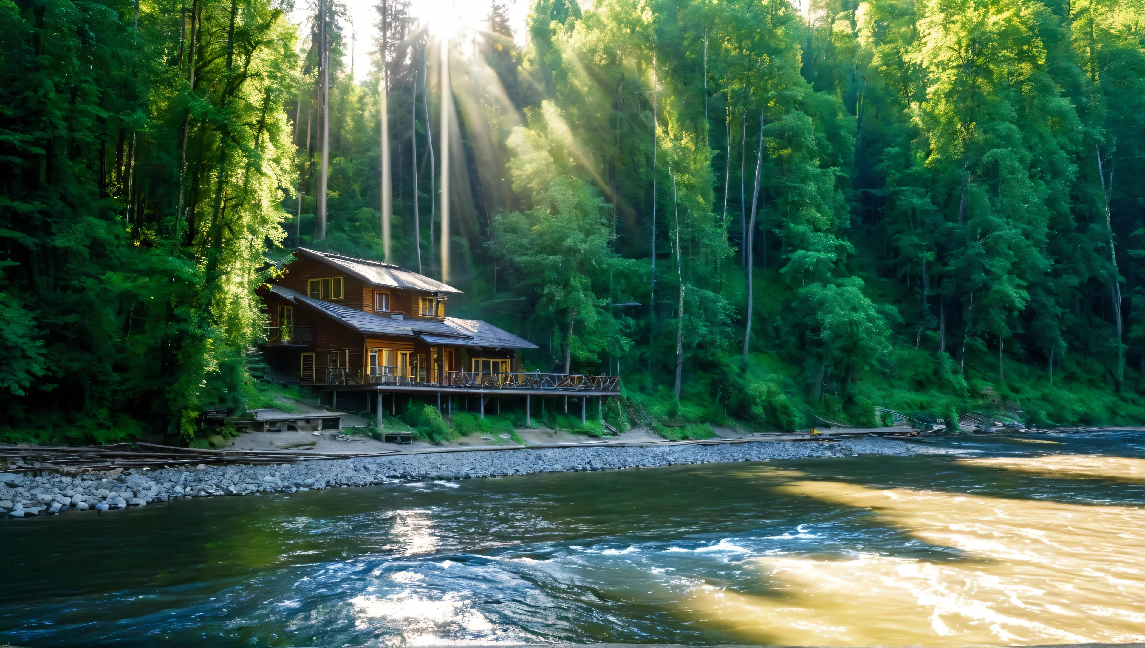 Wooden house sit next to the clean river in the forest with sun rays shining