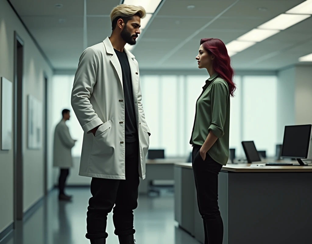 Extremely tall attractive young man with short platinum blond wavy swept-back hair, dark skin, long black stubble, Arabic-Egyptian features, white lab coat over a black t-shirt, black cargo pants and black boots, standing behind office desk gesturing to take a seat to a very short young woman vibrant maroon side-parted medium-length wavy hair, very pale skin, soft green silk work blouse, low-rise black pants and black boots. Photorealistic, cinematic.