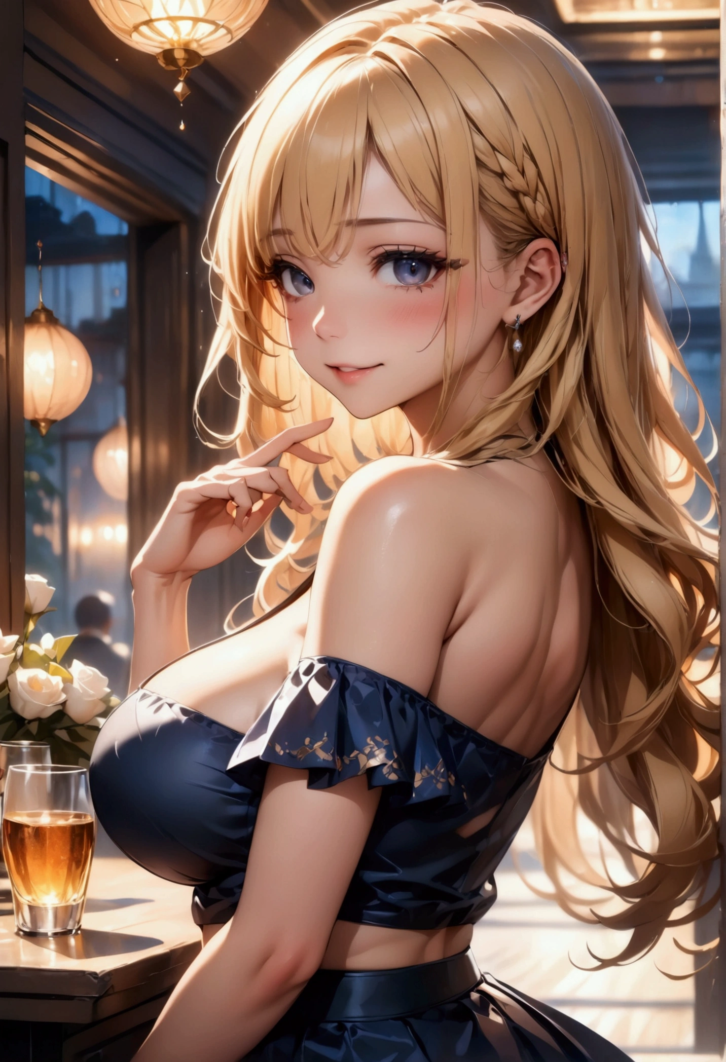 1girl, low-braided long hair, sideview, one hand touching lips, blonde, double-parted bangs, parted lips, large breasts, sideboob, ((intricate short dress)), off-shoulder, midriff, blushing, (party scenery),indoors, light smile, ((masterpiece, best quality:1.2)),((masterpiece:1.2)), ((best quality:1.2)), (ultra-detailed:1.2), intricate details, ai-generated