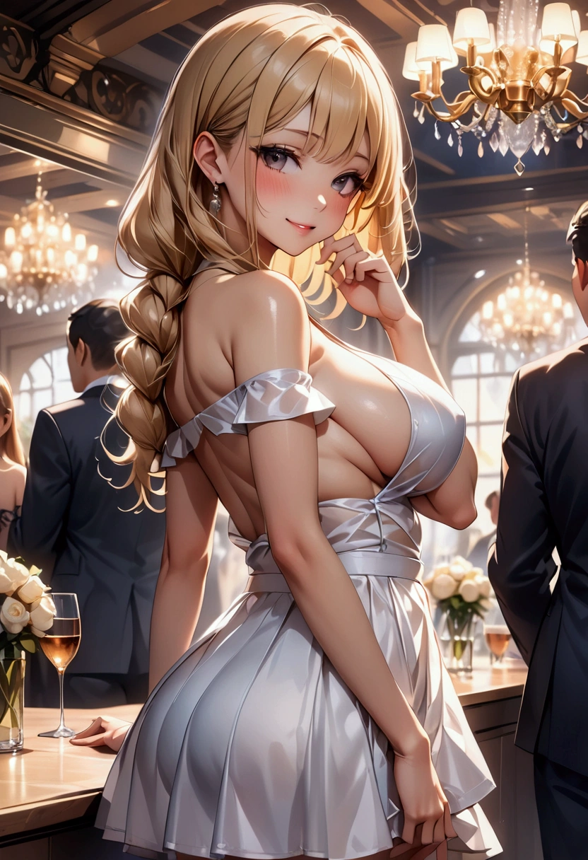 1girl, low-braided long hair, sideview, one hand touching lips, blonde, double-parted bangs, parted lips, large breasts, sideboob, ((intricate short dress)), off-shoulder, midriff, blushing, (party scenery),indoors, light smile, ((masterpiece, best quality:1.2)),((masterpiece:1.2)), ((best quality:1.2)), (ultra-detailed:1.2), intricate details, ai-generated