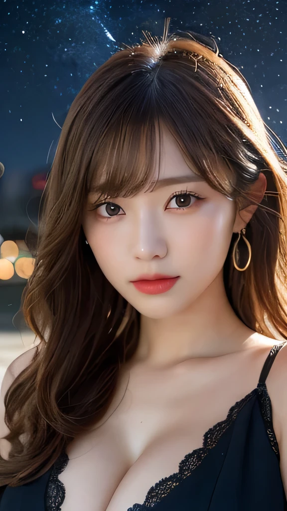 Tabletop, Highest quality, shape, Very detailed, High resolution, 8k wallpaper, Perfect dynamic composition, Ultra detailed face, Natural Lip , Cleavage, (The eyelashes on both eyes are equal and beautiful.), looking at the camera, Starry Sky, night, (whole body)