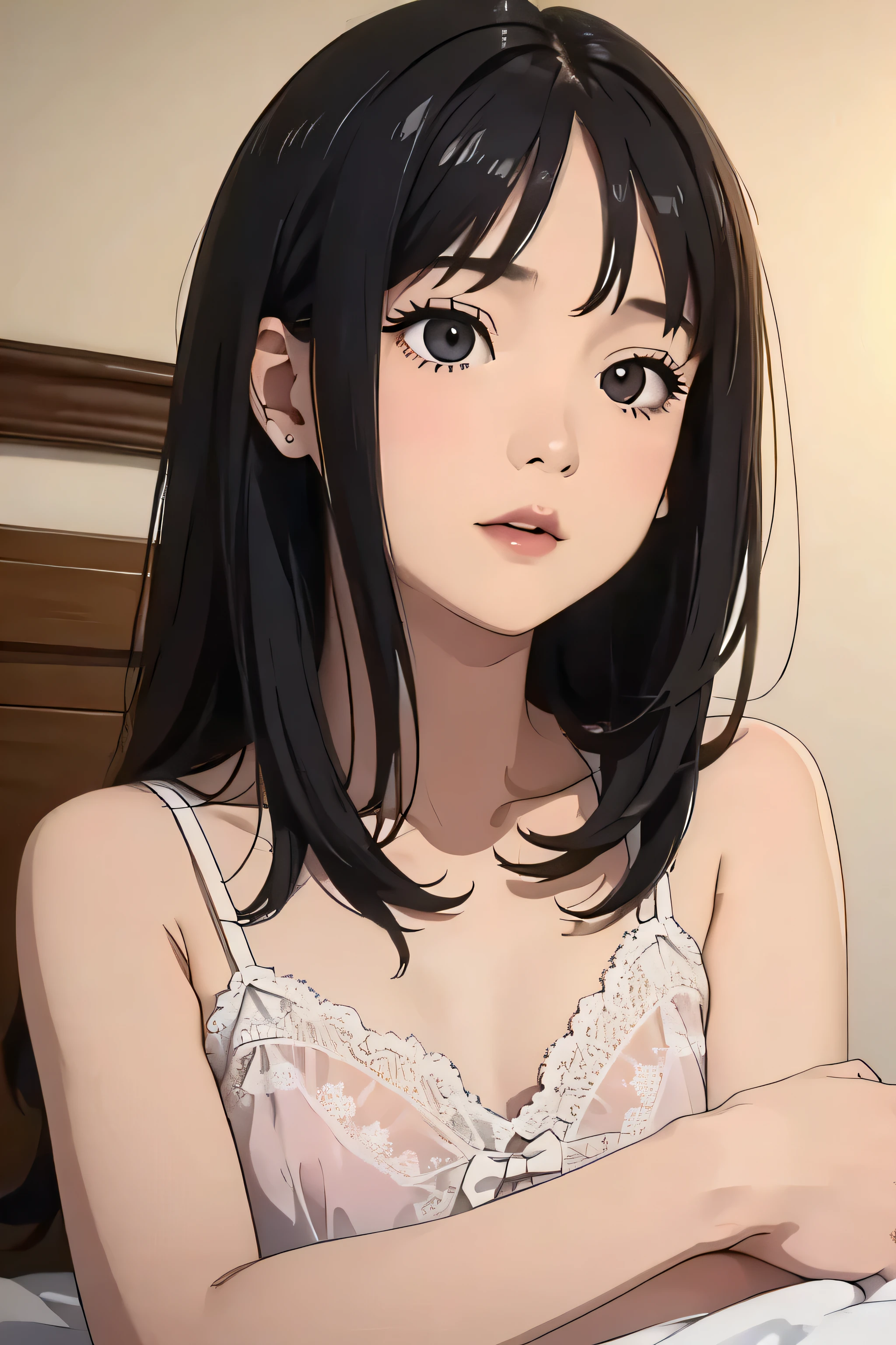 ((Highest quality)), ((2D)), (Small eyes), Perfect Face,Primary school students,Beautiful Face,Slit eyes,Narrow eyes,bed,Small breasts,Thin arms,Skinny,,Black Hair,Lace camisole