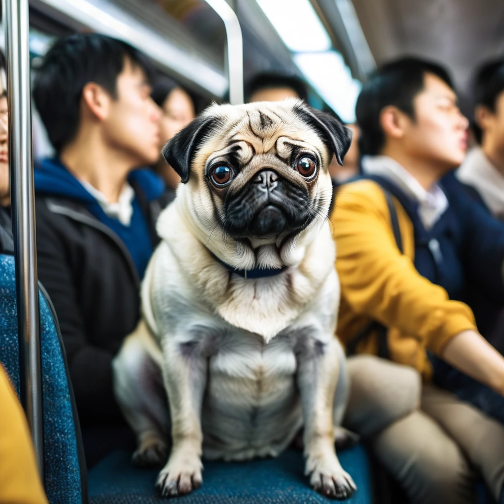 A pug being crushed in a packed commuter train during rush hour、A scene of a pug looking uncomfortable, crushed by other passengers。A scene of a pug enduring stress but putting up with it。