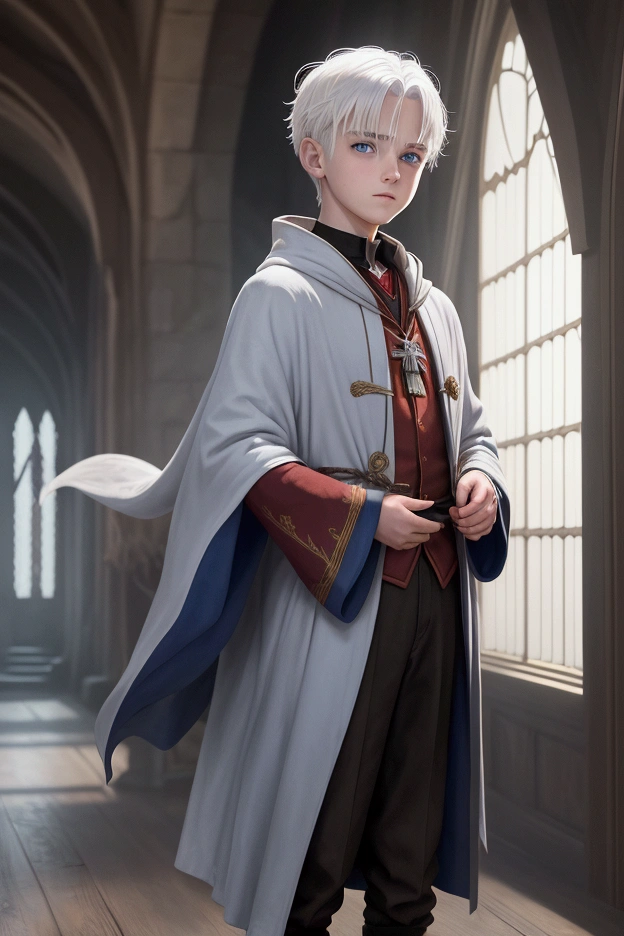 boy, He has cool white hair, One side of his hair is swept back, Blue Eyes, Wearing a Gryffindor robe, Standing in the Hogwarts hall, The sky is old now, White light shines in. The boy's bright face,