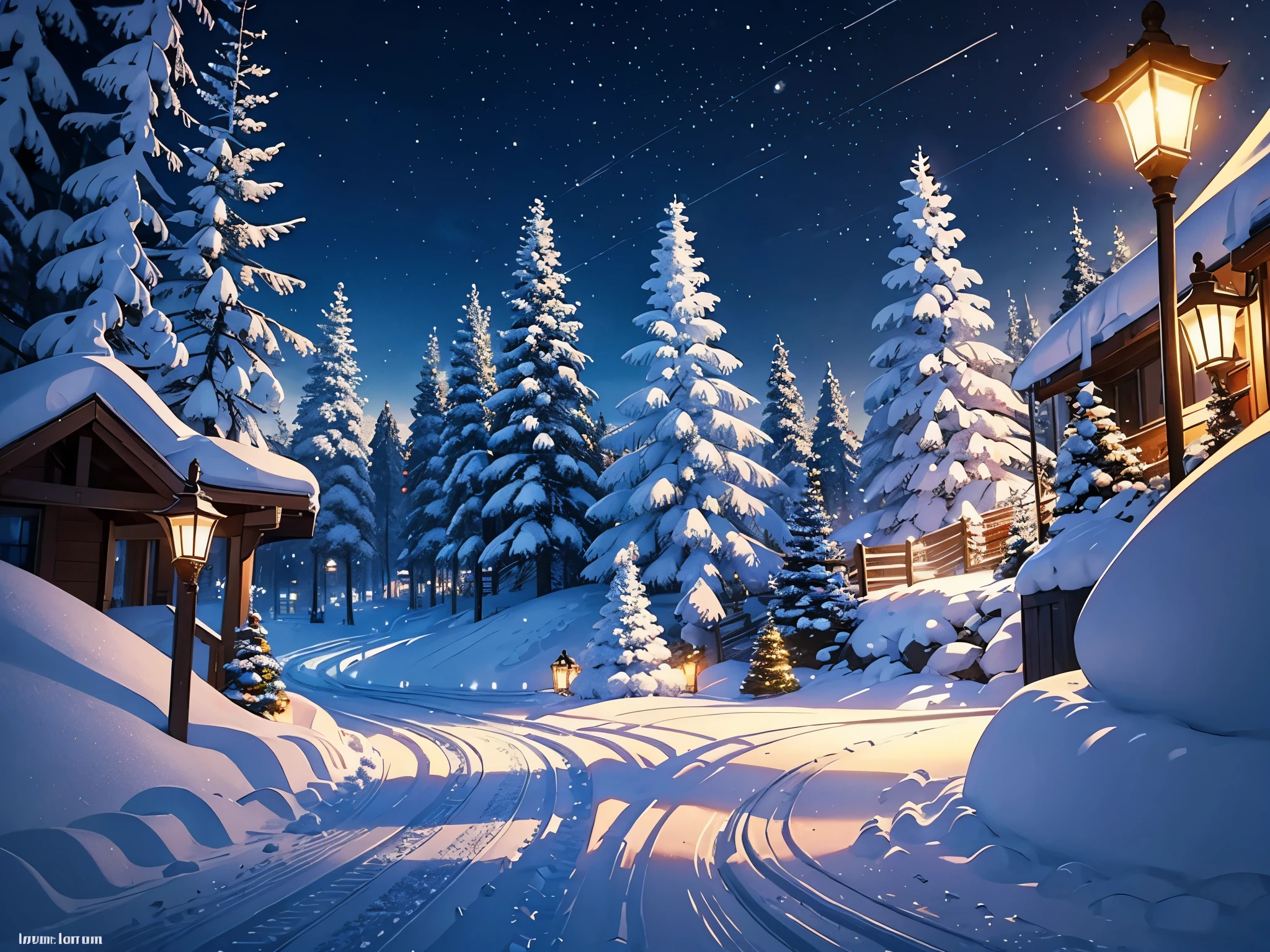 draw a winter game landscape, snow, Christmas vibes, beautiful lights, snow theme game snow landscape