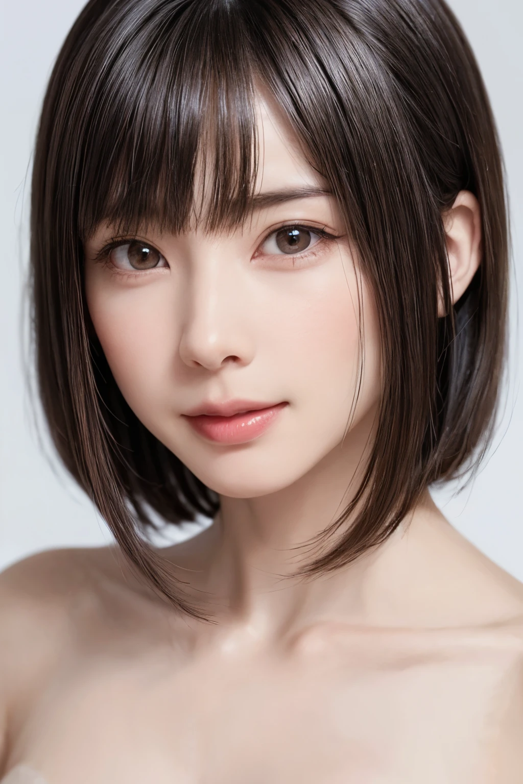 ((masterpiece, Highest quality, High resolution、Realisticですべてが美しく詳細に描かれている)), 1 person, (Realistic: 1.4), alone, White Background, snow-White Background, Mouth closed, smile, smile, Beautiful black hair, short hair, Big eyes, Transparent double eyelids, eyelash, Listen carefully, Long neck, 美しくLong neck, Absolute area, ((Face close-up)), (Draw the whole head, shoulder), 19 years old, Attractive proportions, Glowing Skin, Beautiful clavicle, Golden ratio face, Perfect Face, Teardrop-shaped mole, chestのほくろ, bangs, clean bangs, beautiful bangs, Lip gloss, Thin lips, Fair skin, naked, Big Breasts, {Huge|big|Hugeな|Mega} chest:2, chestの谷間:2,chestの谷間を見せる、Small face, Small face, All the heads are painted, shoulder all drawn, Point slightly above the camera