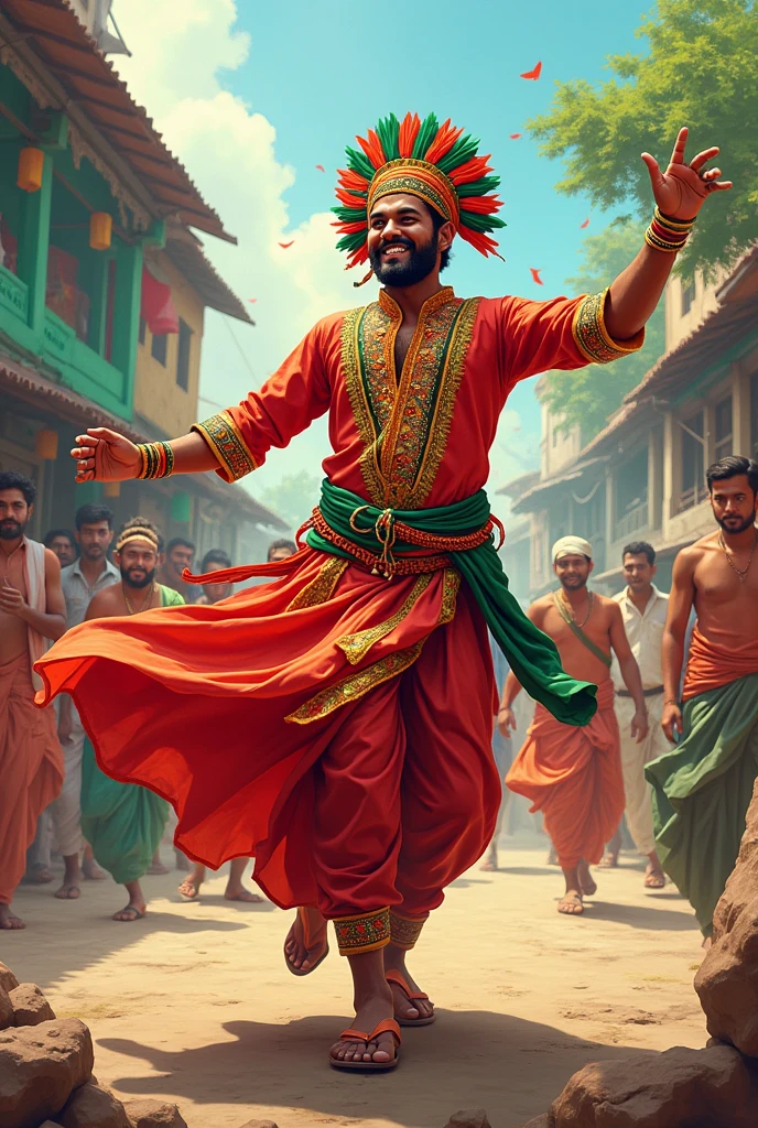 Make a picture a man who has dress up as a Bangladeshi culture and also is dancing pose of a freedom dancer