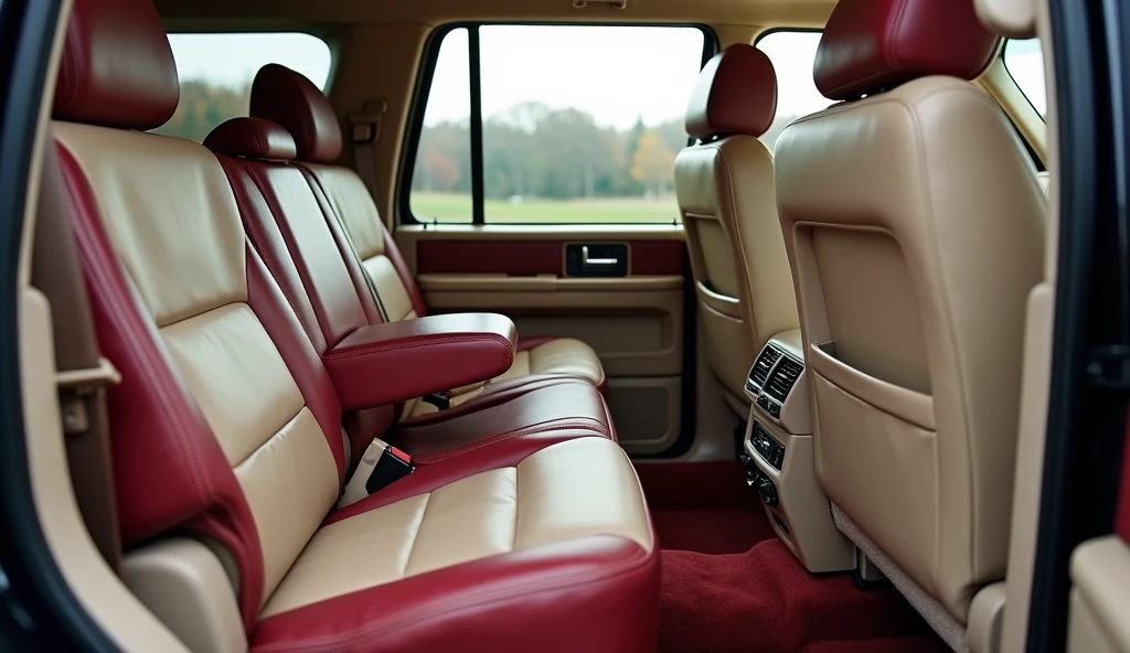 Genere plusieurs images avec différents anglais de vision (en PIP) de differents vue Interiure lincoln  navigator 2004 avec sieges beiges et détails de double  coutures gros fils  et rouge bordeaux. Côté avant