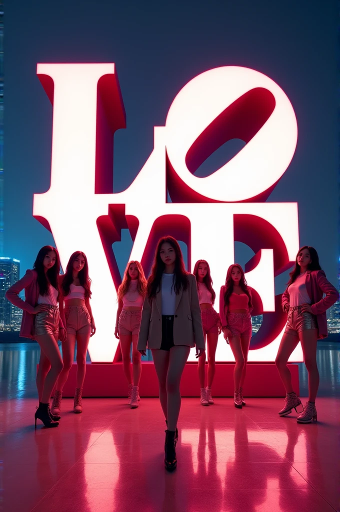 I'm taking photos for a new concept album. Create a concept photo of a girl group posing with the giant word "LOVE".