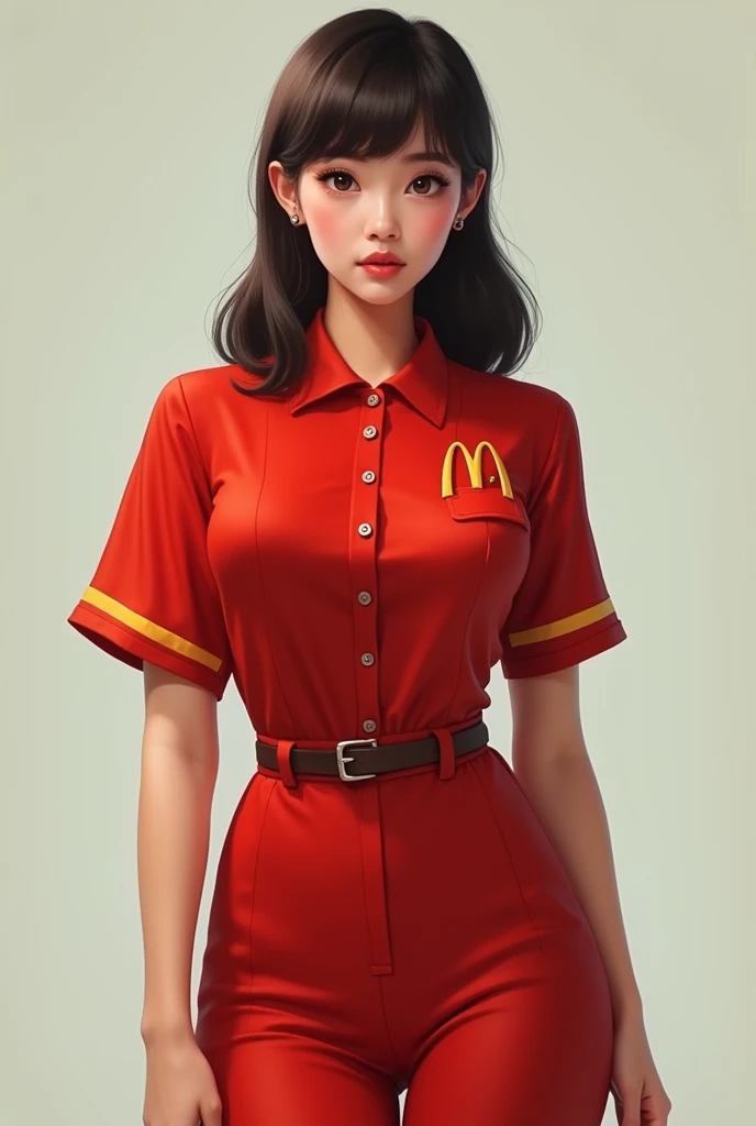 Girl with large breasts wearing a McDonald's uniform 