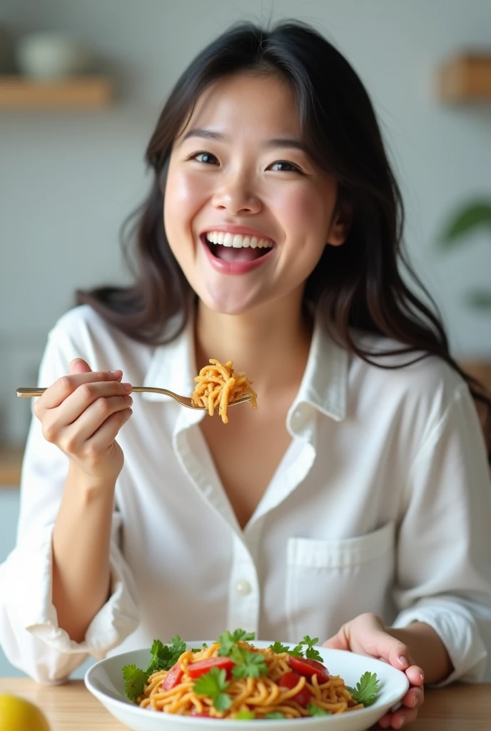 an asian girl eating keto food, wearing white shirt, and looks amazed and very happy, she is using giant fork