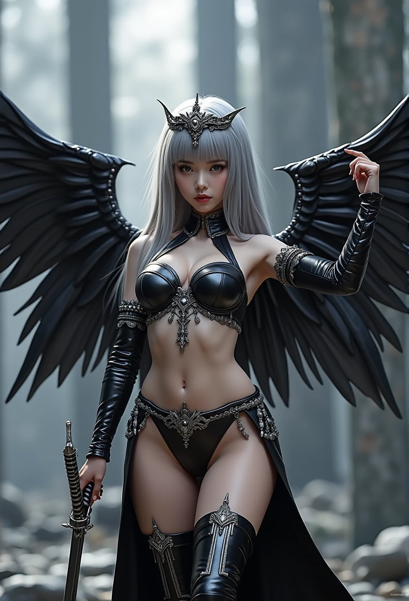 1fullbodyimage of a extremely cute Japanese young woman with albino skin and flowing hair, in a black and silver miniskirt outfit with wings wielding a katana, Beautiful round breasts, Glossy lips, Perfect abs, (Perspectiveal), Tight waist, Inner seam, hourglass body shape, navel, Blush, Voluptuous, huge breasts, tight top, beautiful dark angel girl, warrior angel, villainess has black angel wings, angel knight gothic girl, angel in glossy metallic black and silver armor, crown in armour, stuning fantasy 3 d render, angel knight girl, cinematic volumetric lighting, ultra realistic, shot with Sony Fx6