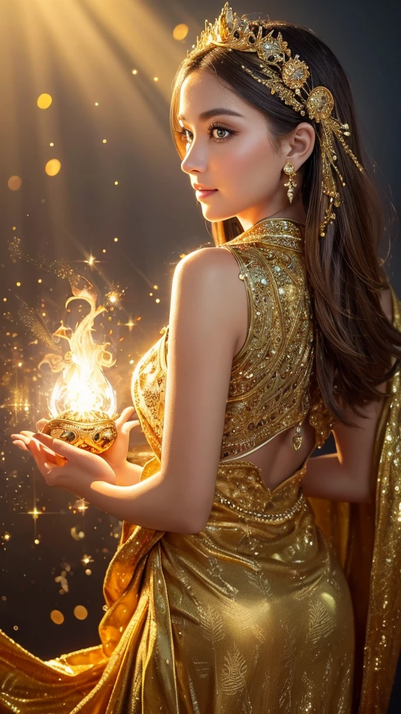 **Prompt:** "Create a highly detailed, realistic image of a golden owl with intricate feather patterns and large, expressive eyes. The owl should appear almost metallic, with a polished, shiny surface that reflects light. The background should be soft and blurred, featuring warm tones like gold and amber with bokeh effects to enhance the magical and luxurious atmosphere. The owl should be perched gracefully, exuding wisdom and elegance, with a slight shimmer of light particles around it to give a mystical feel."
Gaze, Sparkle Effect, Facing forward