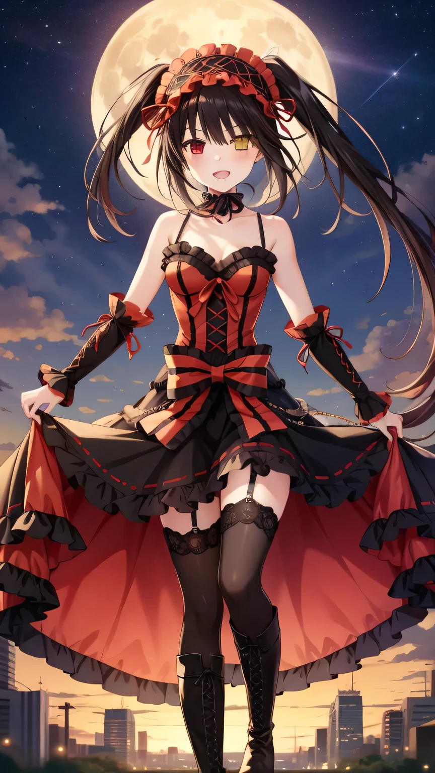 {{{masterpiece}}}, {{{best quality}}}, {{ultra-detailed}}, {illustration}, {{an extremely delicate and beautiful}}, (beautiful detailed eyes:1.6), extremely detailed face, 16k, visual anime de uma jovem mulher, extremamente bonito rosto de anime, anime melhor garota, anime face, kurumi tokisaki(Date A Live), kurumi, One girl, cute face, long hair, black hair, sidelocks, (twintails:1.5), uneven Twin tails, (red eyes:1.3), (yellow eyes:1.3), (heterochromia:1.5), medium breasts, thin waist, big hips, curvaceous, BREAK, red Headdress, dress, frilled dress, astral dress, (red dress:1.5), red bustier, bare shoulders, collarbone, chest, black choker, detached sleeves, black sleeves, red ruffle skirt, long skirt, black petticoat, black overskirt, ribbon belt, black pantyhose, boots, Cross-laced shoes, knee boots, lace-up boots, thighs, zettai ryouiki, BREAK, sky above, floating, standing, smirk, cool face, open mouth, looking at viewer, outdoor, night, overlooking the city, night sky, moon