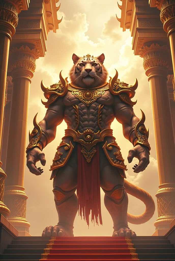 The tiger god, clad in warrior's armor, resides in a magnificent celestial palace.