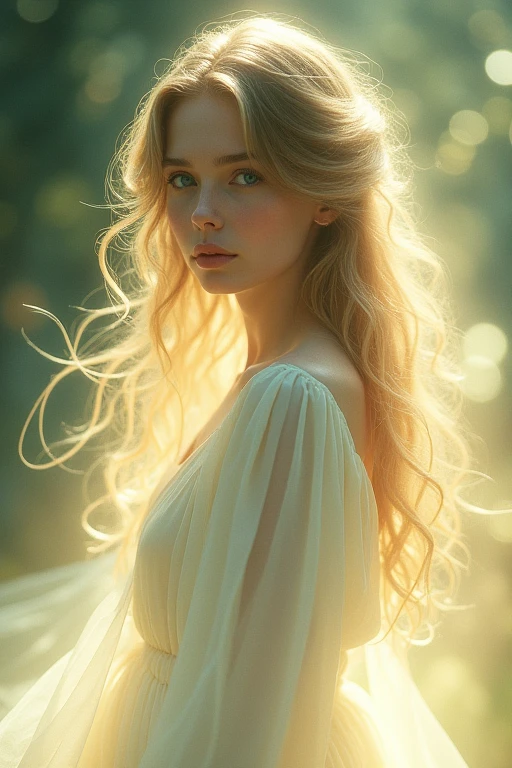 Girl with a mix of light brown and dark blonde long hair, with azure blue eyes that have very light eyelashes , with round nose, with finely drawn lips and with an oval-shaped face and and with a long white beautiful dress, and long sleeves like an apparition from the yellow light